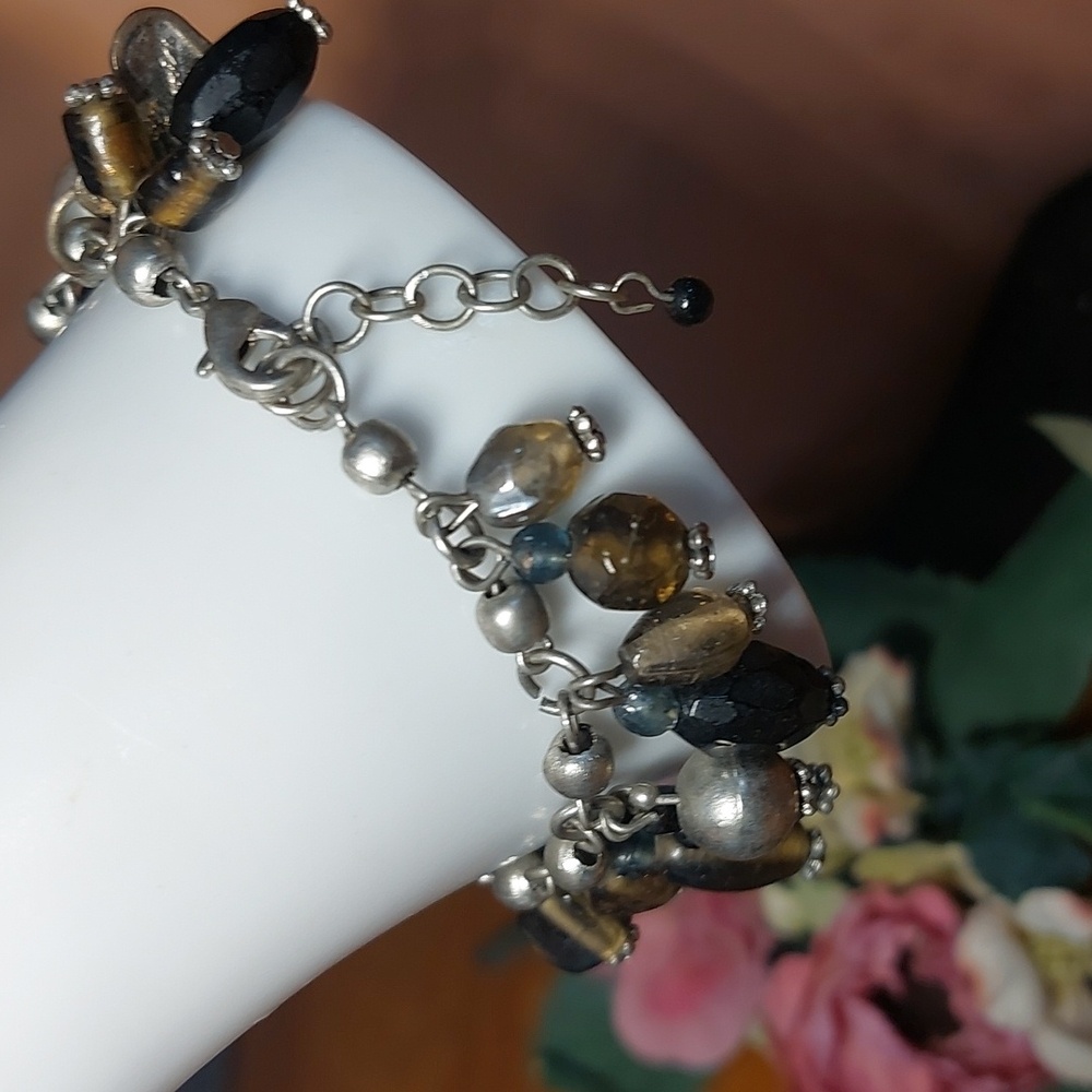 Silvertone Glass Bead Charm Bracelet Brown Stone Leaf Boho - Picture 4 of 6